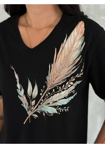 Kadın V-Yaka 100% Pamuk Pul Payet Başak Işlemeli Büyük Beden T-Shirt