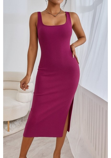 Kadın Askılı Kare Yaka Yandan Yırtmaçlı Midi Kaşkorse Elbise Pembe-2xl-3xl