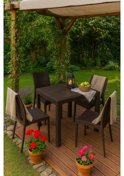 Rattan Home Kare Bahçe Masa Takımı-Kahverengi