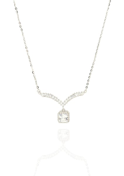 925 Ayar Gümüş Kare Beyaz Zirkon Taşlı Kadın Gümüş Kolye