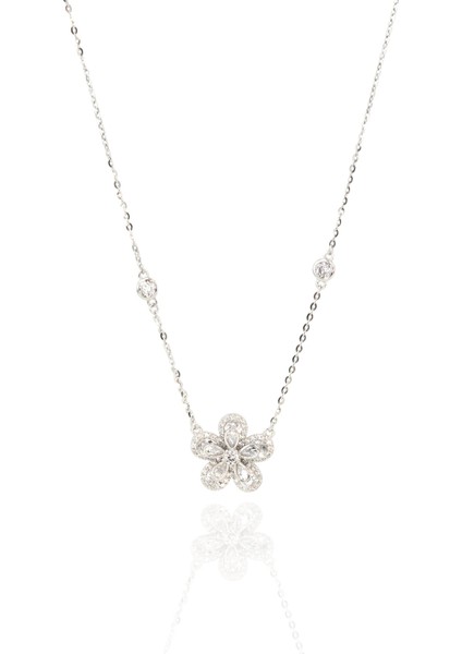 925 Ayar Gümüş Çiçek Model Beyaz Zirkon Taşlı Kadın Gümüş Kolye