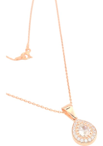 925 Ayar Gümüş Beyaz Zirkon Taşlı Damla Gümüş Kolye (14 Ayar Rose Kaplamalı) fiyatları