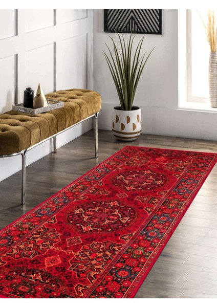 Vitage Kırmızı Etnik Desenli Eskitme Model Dokuma Taban Kilim fırsatları