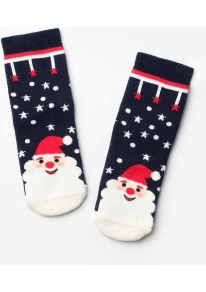 Lacivert Noel Baba Desenli Kız Çocuk Yılbaşı Çorap