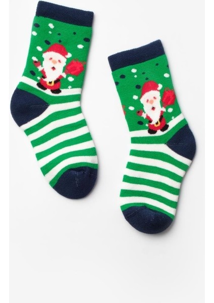 Yeşil Noel Baba Desenli Kız Çocuk Yılbaşı Çorap
