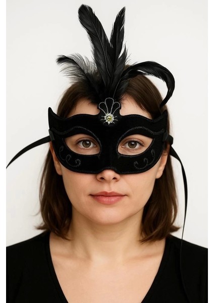 Bfs Siyah Renk Tüylü Siyah Süet Kaplama Parti Balo Maskesi 20X16 cm fırsatları