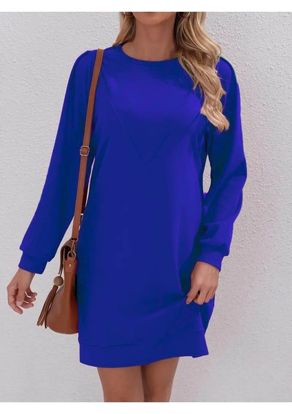 Kadın Uzun Kollu Bisiklet Yaka Iki Iplik Elbise Mavi-2xl-3xl
