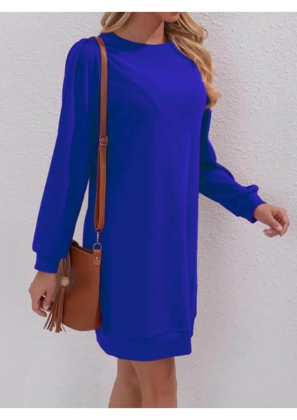 Kadın Uzun Kollu Bisiklet Yaka Iki Iplik Elbise Mavi-2xl-3xl modelleri