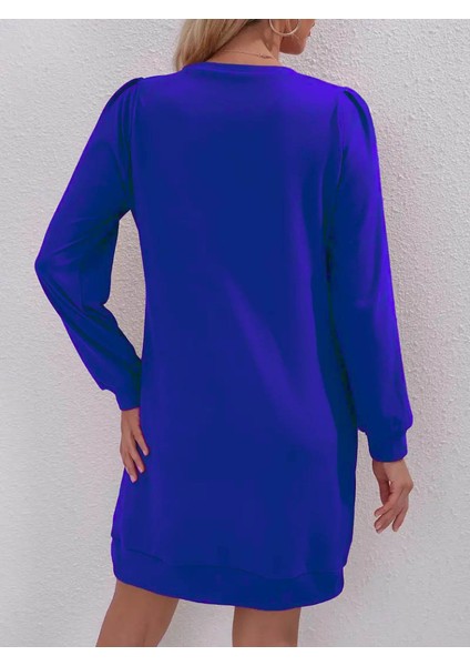 Kadın Uzun Kollu Bisiklet Yaka Iki Iplik Elbise Mavi-2xl-3xl fırsatları
