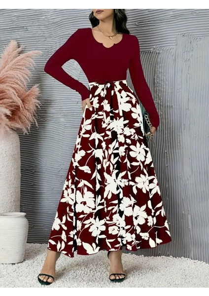 Kadın Uzun Kollu Yaka Açık Üst Kaşkorse Beli Kuşaklı Alt Çiçek Baskılı Dalgıç Elbise 2xl-3xl-Bordo fiyatları