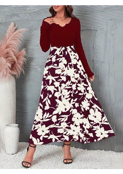 Kadın Uzun Kollu Yaka Açık Üst Kaşkorse Beli Kuşaklı Alt Çiçek Baskılı Dalgıç Elbise 2xl-3xl-Bordo modelleri