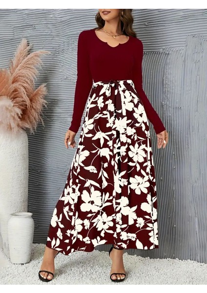 Kadın Uzun Kollu Yaka Açık Üst Kaşkorse Beli Kuşaklı Alt Çiçek Baskılı Dalgıç Elbise 2xl-3xl-Bordo indirimleri