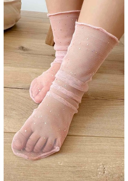 Pudra Küçük Sim Detaylı Kız Çocuk Tül Çorap