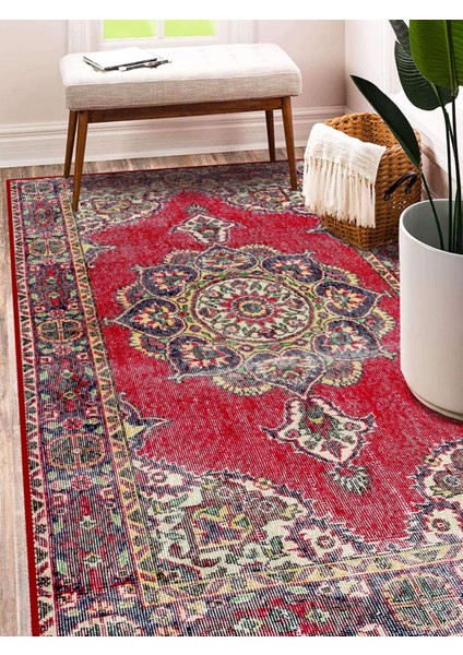 Vitage Kırmızı Göbekli Klasik Eskitme Model Dokuma Taban Kilim fiyatları