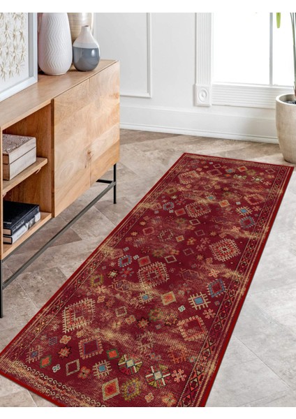Vitage Kırmızı Etnik Desen Eskitme Model Dokuma Taban Kilim fırsatları