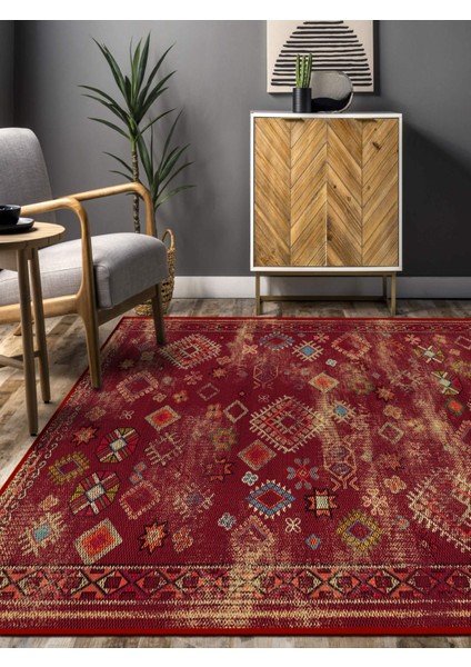 Vitage Kırmızı Etnik Desen Eskitme Model Dokuma Taban Kilim modelleri