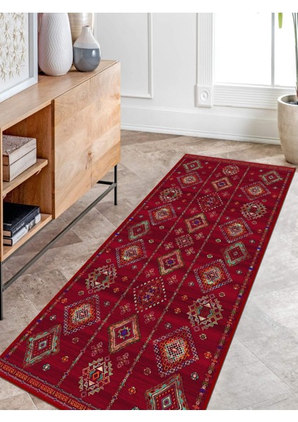 Vitage Kırmızı Etnik Desenli Eskitme Model Dokuma Taban Kilim fırsatları