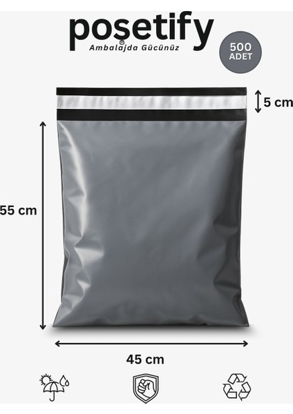 Gri Cepsiz Kargo Poşeti 45X55+5 cm 500 Adet E-Ticaret Poşeti | Yapışkan Bantlı Kargo Zarfı