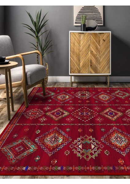 Vitage Kırmızı Etnik Desenli Eskitme Model Dokuma Taban Kilim fiyatları