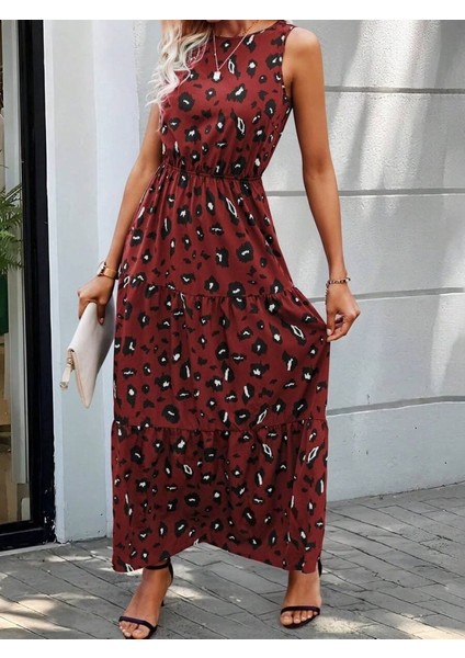 Kadın Kolsuz Bisiklet Yaka Beli Lastikli Desenli Süprem Elbise 2xl-3xl-Kırmızı fırsatları