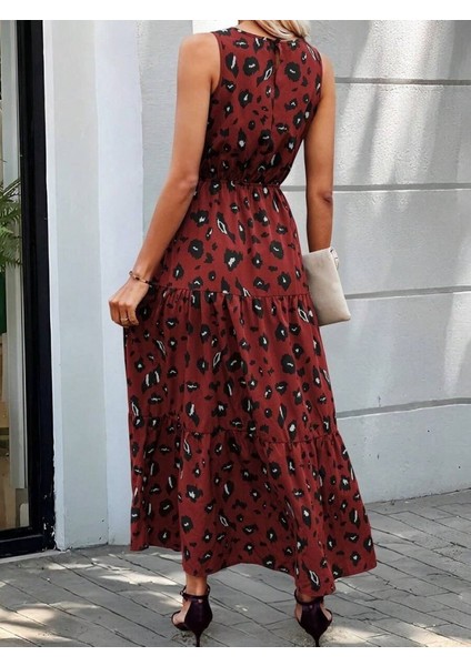 Kadın Kolsuz Bisiklet Yaka Beli Lastikli Desenli Süprem Elbise 2xl-3xl-Kırmızı indirimleri