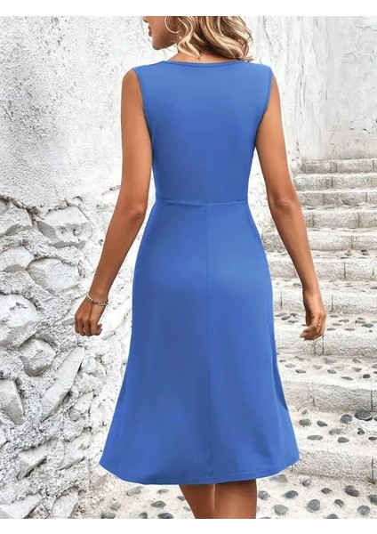 Kadın Askılı V Yakalı Önde Çapraz Detaylı Janjan Krep Elbise Mavi-2xl-3xl modelleri