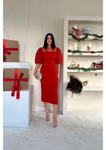 Kırmızı Incili Tül Detay Elbise M-Kırmızı modelleri