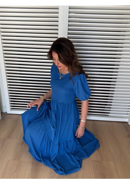 Kadın Kısa Kollu Yakası Açık Katlı Bürümcük Balon Elbise L-Xl-Saks Mavi modelleri