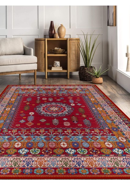Kırmızı Etnik Göbekli Eskitme Model Dokuma Taban Kilim fiyatları