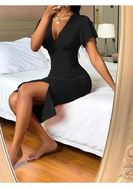 Kadın Kısa Kollu Derin Dekolte V Yakalı Yırtmaçlı Midi Janjan Krep Elbise 2xl-3xl-Siyah fırsatları