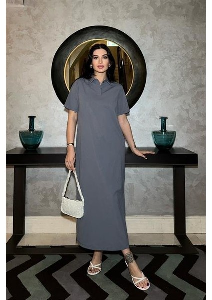 Manque Polo Yaka Yırtmaçlı Elbise 2689-8 L-Antrasi̇t
