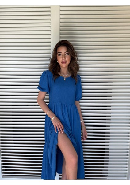 Kadın Kısa Kollu Yakası Açık Katlı Bürümcük Balon Elbise 2xl-3xl-Saks Mavi