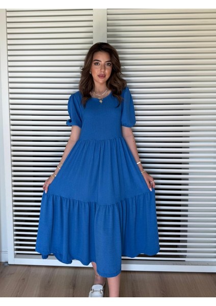 Kadın Kısa Kollu Yakası Açık Katlı Bürümcük Balon Elbise 2xl-3xl-Saks Mavi fırsatları