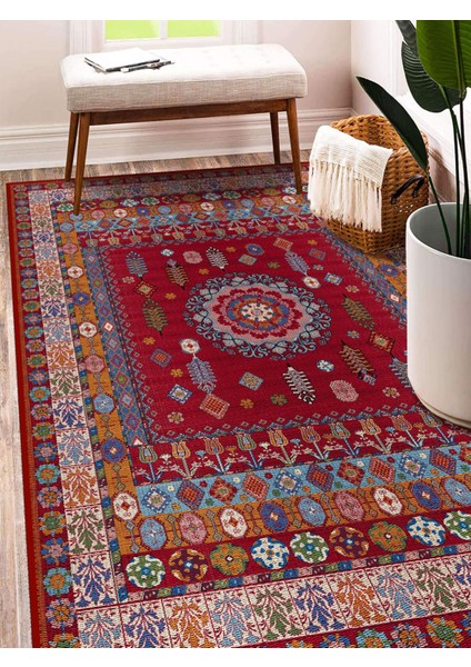 Kırmızı Etnik Göbekli Eskitme Model Dokuma Taban Kilim modelleri