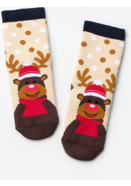 Bej Puanlı Geyik Desenli Kız Çocuk Yılbaşı Çorap