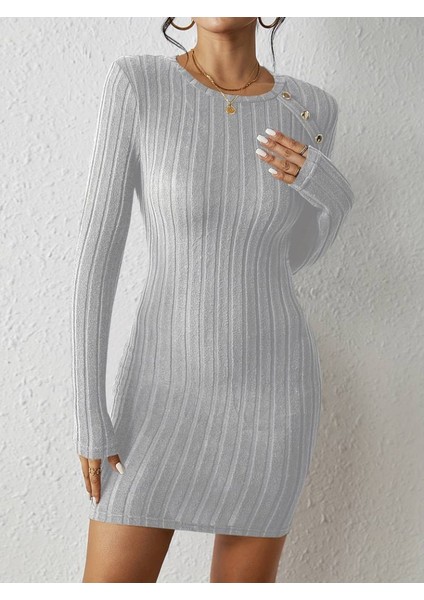 Kadın Uzun Kollu Bisiklet Yaka Düğmeli Kısa Şardonlu Kaşkorse Elbise 2xl-3xl-Gri