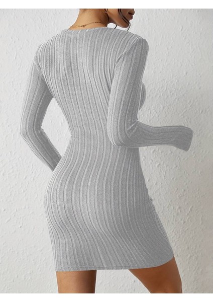 Kadın Uzun Kollu Bisiklet Yaka Düğmeli Kısa Şardonlu Kaşkorse Elbise 2xl-3xl-Gri fiyatları