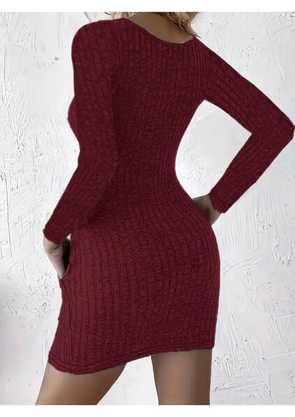 Kadın Uzun Kollu Yakası Açık Düğme ve Cep Detaylı Kısa Şardonlu Kaşkorse Elbise 2xl-3xl-Bordo fiyatları
