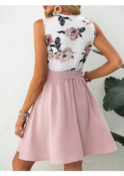 Kadın Sıfır Kollu V Yakalı Çiçek Baskılı Beli Kuşaklı Dalgıç Elbise Pembe-L-Xl modelleri