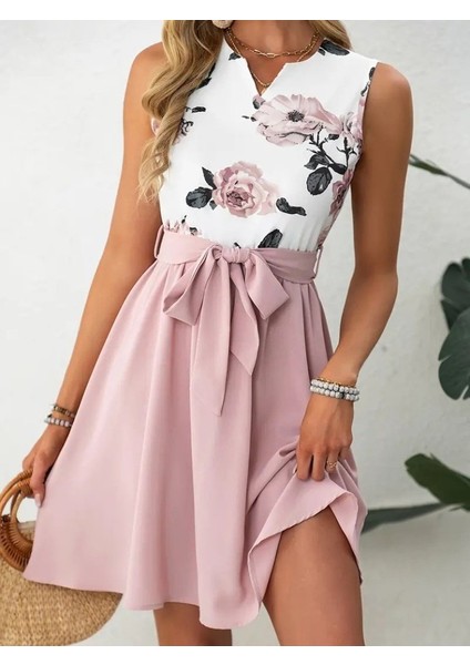 Kadın Sıfır Kollu V Yakalı Çiçek Baskılı Beli Kuşaklı Dalgıç Elbise Pembe-L-Xl fırsatları