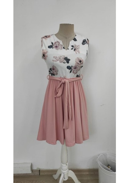 Kadın Sıfır Kollu V Yakalı Çiçek Baskılı Beli Kuşaklı Dalgıç Elbise Pembe-L-Xl indirimleri