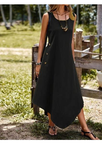 Kadın Askılı Yuvarlak Yaka Düğmeli Asimetrik Kesim Detaylı Ithal Keten Elbise L-Xl-Siyah