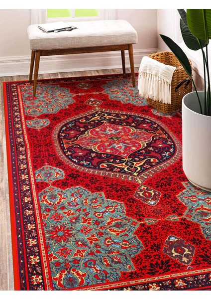 Kırmızı - Mavi Etnik Göbekli Eskitme Model Dokuma Taban Kilim fiyatları