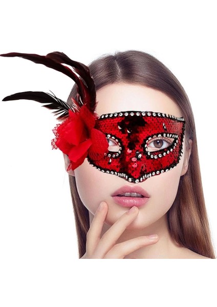 Bfs Kırmızı Renk Yandan Tüylü Güllü Gümüş Taşlı Pullu Maske 20X22 cm