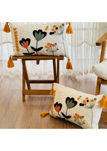 2’li Punch Işlemeli Premium Nakışlı Dal Çiçek Temalı Dekoratif Kırlent Kılıfı