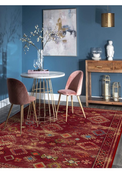 Vitage Kırmızı Etnik Desen Eskitme Model Dokuma Taban Kilim
