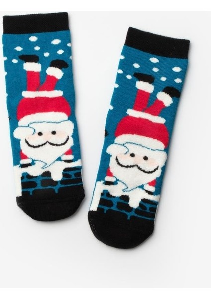 Mavi Noel Baba Desenli Kız Çocuk Yılbaşı Çorap