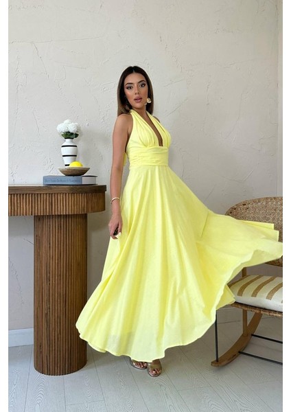 Sarı Askılı Keten Elbise L-Sarı