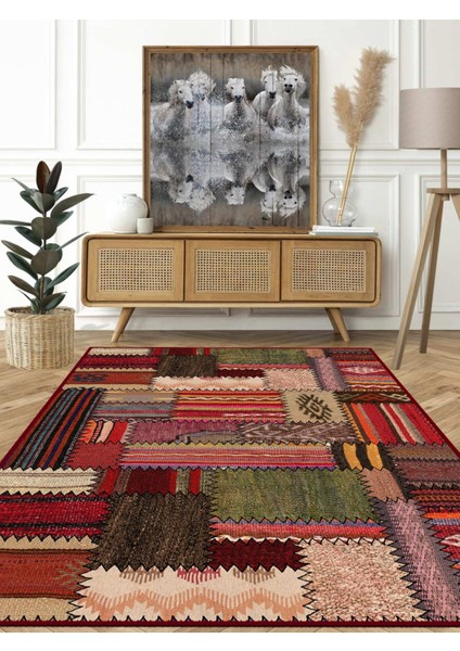 Vitage Karışık Renkli Yamalı Eskitme Model Dokuma Taban Kilim modelleri
