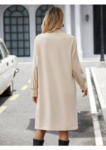 Kadın Uzun Kollu Balıkçı Yaka Kısa Şardonlu Dalgıç Elbise 2xl-3xl-Bej fiyatları
